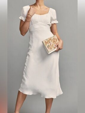 White Scoop Neck Midi Dress with Ruffled Sleeves
